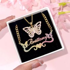 Material: Copper. Color: Gold. Necklcae Chain Length: 14",16",18",20",22". Process: Gold plated. Recipient: Woman, Mom, Wife, Girl Friend, Children, Family. Product Type: Personalized Jewelry. Gift Type: Set. Occasions: Valentine's Day, Mother's Day, Christmas, Birthday, etc. Jewelry Type: Name Necklace, Butterfly Necklace. Brand: Silviax Jewelry. Item: 2024S0020. Multicolor Jewelry For Valentine's Day Birthday, Personalized Multicolor Charm Necklaces, Multicolor Chain Charm Necklace For Gifts, Personalized Gold Butterfly Necklace For Mother's Day, Elegant Personalized Multicolor Necklaces, Gift Multicolor Pendant Chain Necklace, Multicolor Pendant Chain Necklace As Gift, Gold Clavicle Chain Necklace As Gift, Multicolor Metal Chain Necklace For Gifts