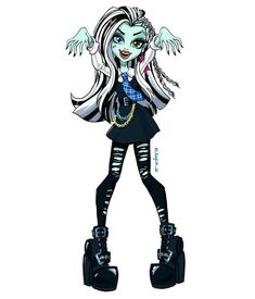 a drawing of a monster girl with long hair and black clothes, holding her hands out