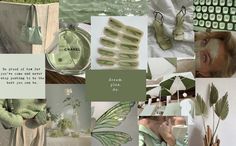 a collage of green and white items with words written on the top, below them