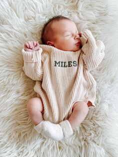 "These keepsake embroidered sweater rompers will be perfect for cozy newborn photos. These have a chunky oversized fit. This sweater is only available in the cream color and size 0-3m Your choice of thread color and font.  Embroidered names/words will be around .5-1.5\" height font size.  Names will typically be between 3-5\" in length, depending on the length of the name.  Embroidery Wash and Care: -Always wash your garment before use -Your garment may have marking or clear film over the design Newborn Name Sweater, Going Home Baby Outfit, Newborn Boy Outfits Coming Home, Baby Boy Style Newborn, Going Home Outfit For Baby Boy, Newborn Coming Home Outfit Boy, Coming Home Outfit For Boy, Newborn Outfits Boy, Baby Boy Going Home Outfit