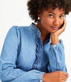 Short Blouses, Chambray Shorts, Portrait Photoshoot, Petite Shirts, Chambray Top, Standing Collar, Denim Blouse, Ruffle Shirt, Branding Photoshoot