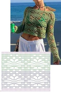 a woman standing in front of the ocean wearing a green crochet top and white shorts