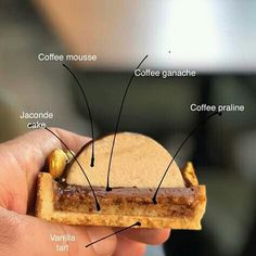 a close up of a person's hand holding a pastry with labels on it