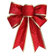 a red bow with gold trim on it