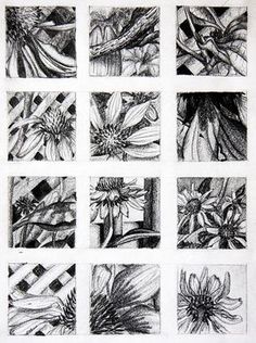 six different images of flowers in black and white ink on paper, each with an individual's own drawing