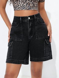 Women's Loose-Fitting Casual Denim Shorts With Workwear Style Pockets Black Casual   Denim Plain Bermuda Non-Stretch  Women Clothing, size features are:Bust: ,Length: ,Sleeve Length: Long Jean Shorts, Women Denim Shorts, Casual Denim Shorts, Workwear Style, Black Jean Shorts, Workwear Fashion, Shorts Casual, Denim Shorts Women, Short En Jean