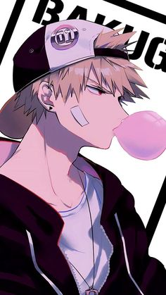 an anime character with pink bubble coming out of his mouth and wearing a baseball cap