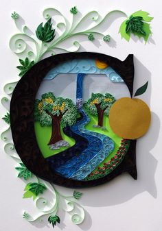 a clock with an image of a river in the middle and trees on it's face