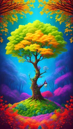 a painting of a tree in the middle of a field with colorful clouds and trees