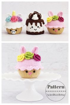 three crocheted cupcakes with different toppings on them and one has an ice cream cone