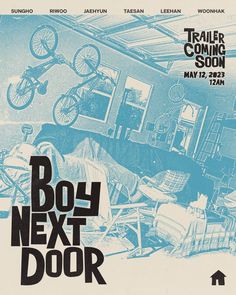 the poster for boy next door is shown in blue and white, with an image of a bicycle hanging from the ceiling