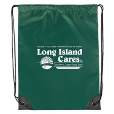 a green drawsack bag with long island cares logo on the front and back side