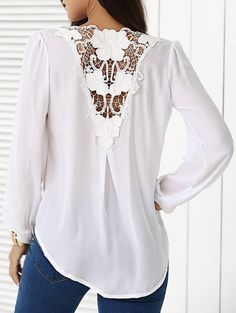 Spliced Chiffon Crochet Surplice Blouse Cheap Blouses, Blouse White, Women Shirts Blouse, Chiffon Blouse, Cute Tops, Beautiful Outfits, Pretty Outfits, Fall Outfits, Cool Outfits