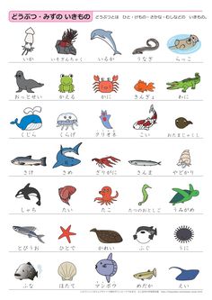 an image of different types of animals and their names in the japanese language, with words below