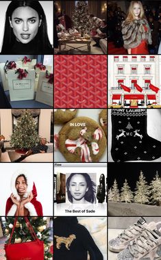 the collage shows many different styles of clothing and accessories, including shoes, sweaters, christmas trees, gifts, and more