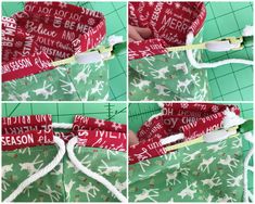 four pictures showing how to sew the linings on a christmas bag with ribbon