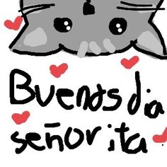 a grey cat with hearts around it and the words, buen's do snowita