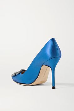 Regal, decadent, and unapologetically luxe, Manolo Blahnik's royal blue satin Hangisi pumps will lend the most decadent finish to any ensemble. Luxury Silk Heels For Party, Silk High Heel Shoes For Gala, Silk High Heel Heels For Gala, Silk High Heels For Gala, Silk Heels For Gala, Elegant Silk Heels For Cocktail Events, Elegant Silk Heels For Cocktail, Fitted Silk Heels For Evening, Blue Embellished Heels For Gala