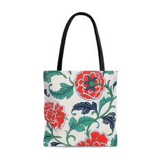 This practical, high-quality Tote Bag. All over print provides comfort with style at the beach or out in town. Made from reliable materials, lasting for seasons. 100% Polyester -Extremely strong and durable synthetic fabric that retains its shape and dries quickly Boxed corners -Front and back sides are sewn together by creating extra space on the sides, adding more room Reinforced stitching on handles -A second row of stitching makes the seams strong and durable Black inner stitching, transpare Casual Floral Print Bags For Vacation, Casual Floral Print Beach Bag For Travel, Casual Red Bags With Floral Print, Casual Red Bag With Floral Print, White Floral Print Beach Bags, Red Floral Print Summer Bag, Red Floral Print Casual Bag, Floral Print Tote Shoulder Bag, Floral Print Rectangular Shopping Bag