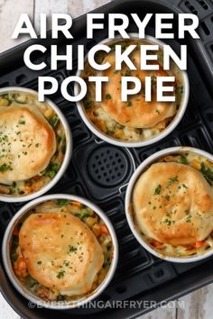 Ramekins of chicken pot pie in an air fryer with writing Pilsbury Airfryer, Air Fryer Chicken Pot Pie Recipe, Air Fryer Chicken Pot Pie, Chicken Pot Pie With Biscuits, Pot Pie With Biscuits, Mini Chicken Pot Pies, Chicken Pot Pie Casserole