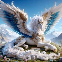 a white horse with blue wings sitting on top of a lush green field next to mountains