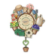 a clock with gardening related items on it