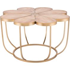 three round tables with gold metal bases and four flower shaped tops on each end table