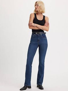 An ultra-high rise meets a modern bootcut leg. We designed these easy-to-wear 725 High-Rise Bootcut Jeans with a fashion-forward rise, slim leg and subtle bootcut at the hem for a flattering silhouette. A classic leg-lengthening bootcut silhouette Designed to give you legs for days Fits slim through your hip and thigh with a high rise that holds you in Authentic denim character enhanced with supersoft stretch. For jeans that'll leave you starry-eyed. That's Levi's® Stellar Stretch. Thanks to exc Levi Bootcut Jeans, Levis Bootcut, High Rise Bootcut Jeans, Levi’s Jeans, Jeans Bootcut, Winter Tops, Levis Women, Jeans Color, Dark Wash Jeans