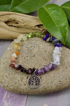 Chakra Bracelet with Tree of Life Charm Spiritual Charm Bracelet With Natural Stones For Gift, Holistic Gemstone Crystal Bracelet For Meditation, Holistic Natural Stone Healing Bracelets, Spiritual Healing Crystal Bracelet With Birthstone, Holistic Healing Crystal Bracelet With Gemstone Beads, Spiritual Round Beads Charm Bracelet For Healing, Spiritual Gemstone Beads Charm Bracelet, Spiritual Charm Bracelet Gift, Spiritual Silver Crystal Bracelet With Birthstone