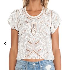 Daycation Crop Top From Lovers + Friends New With Tags Size Medium Embroidered And Cut Out Detail Bead And Rhinestone Accents Throughout White Off Shoulder Top, Flowing Blouse, Velvet Sweater, Lace Trim Blouse, Reverse Tie Dye, Purple Blouse, Mesh Sleeves, Crop Blouse, Strap Tops