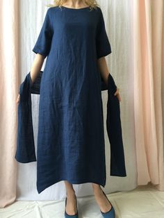 "Linen dress for women with belt, it's elegant, minimalist, and is sure to compliment every occasion, from formal gatherings to outings with friends. Made from 100% European flax, length in front is ± 120 cm(47\"), on back 138 cm(54\") Before placing an order, check the approximate measurements given below. If you are unsure about your size or would like to adjust the length of the item, you could leave your personal measurements (height, bust, waist and hips) in a personalization box. SIZE and Plain Linen Beach Dress, Linen Maxi Dresses For Loungewear, Plain Relaxed Fit Linen Dresses, Solid Long Dress For Loungewear, Elegant Oversized Linen Dress, Long Spring Sleep Dress, Long Sleep Dresses For Spring, Oversized Blue Linen Dress, Solid Color Tunic Dress With Relaxed Fit