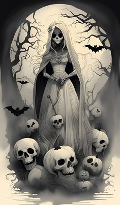 a drawing of a skeleton bride surrounded by skulls