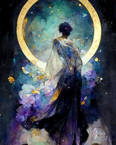 a painting of a woman standing in front of a full moon with flowers around her