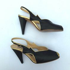 Rare Vintage Maud Frizon Paris Black Satin + gold trim open toe heels 6 /37 FAB | eBay Gold Open Toe Sandals With Contrasting Heel Counter, Classic Open Toe Heels For Galas, Sculpted Heel Open Toe Heels For Galas, Vintage Formal Heels With Contrasting Heel Counter, Vintage Heels With Contrasting Heel Counter For Formal Occasions, Retro Formal Sandals With Pointed Toe, Retro Black Party Sandals, Retro Formal Open Heel Sandals, Retro Black Sandals For Party