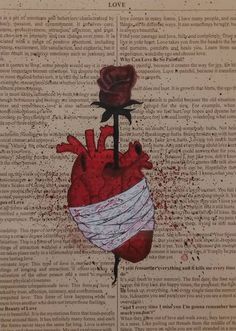 an altered photograph of a heart and a rose on top of a page of paper