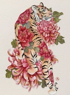 a painting of a tiger with flowers on it's back and the words, i am