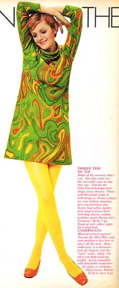 Fashion - Woman - October 21, 1967 1967 Fashion, 60s Vintage Fashion, Yellow Tights, Calm Yourself, 60s Girl, Patti Hansen, Pool Hall