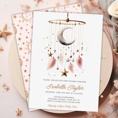 $2.77 | Over the Moon Boho Celestial Girl Baby Shower | Baby Shower Invitations | over the moon, baby shower, stars, moon, gold, celestial, boho, baby girl, twinkle twinkle little star, watercolor Moon Baby Shower Theme, Boho Celestial, Chic Invitation, Boho Baby Shower Invitations, Moon Baby