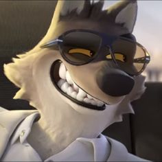 a cartoon wolf wearing sunglasses and a white shirt is sitting in a car with his head out the window