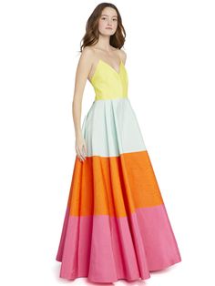 LAVELLE COLOR BLOCK MAXI GOWN in MULTI | Alice and Olivia Pleated Gown, Suede Leggings, Tiered Skirts, Cropped Leather Jacket, Maxi Gown, Alice And Olivia, Maxi Gowns, Tier Skirt, Summer Clothes