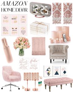 a collage of pink and gold decor