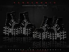 three black shoes with spikes on them in front of a dark background and the words pandemoto