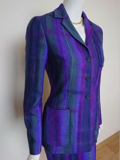 Vintage Romeo Gigli Women Suit 2 Set Skirt Blazer Jacket Pure Virgin Wool Made in Italy Size IT 42 UK 10 multicolor purple by womenmenclothing on Etsy Purple Long Sleeve Blazer For Office, Purple Single Breasted Blazer For Tailoring, Fitted Purple Blazer With Pockets, Fitted Multicolor Blazer With Pockets, Purple Fall Office Blazer, Purple Single-breasted Long-sleeved Blazer, Purple Single-breasted Long Sleeve Blazer, Purple Long Sleeve Single Breasted Blazer, Purple Workwear Blazer With Pockets