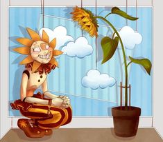 a cartoon character sitting in front of a window next to a potted sunflower