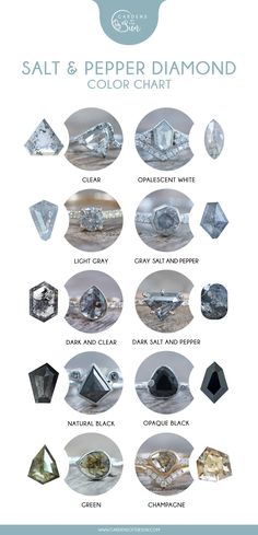 the salt and pepper diamond color chart is shown with different colors, shapes and sizes