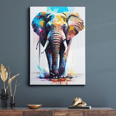 an elephant painting on the wall above a dresser