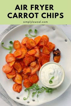 an air fryer carrot chips on a plate with ranch dressing