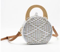 Woman fashion Wooden Handle Rattan Knit Bag Camel white New Straw Bag