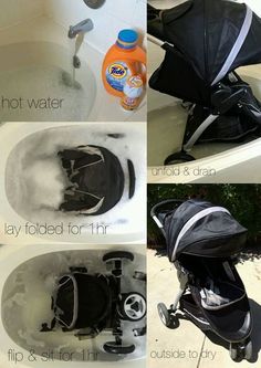 four pictures showing how to clean a baby's bathtub with vinegar and baking soda