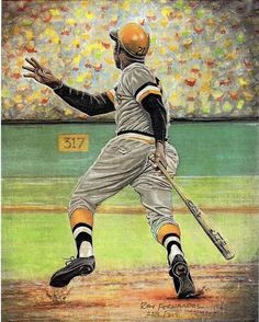 a painting of a baseball player running with his bat in hand and the number 31 on it